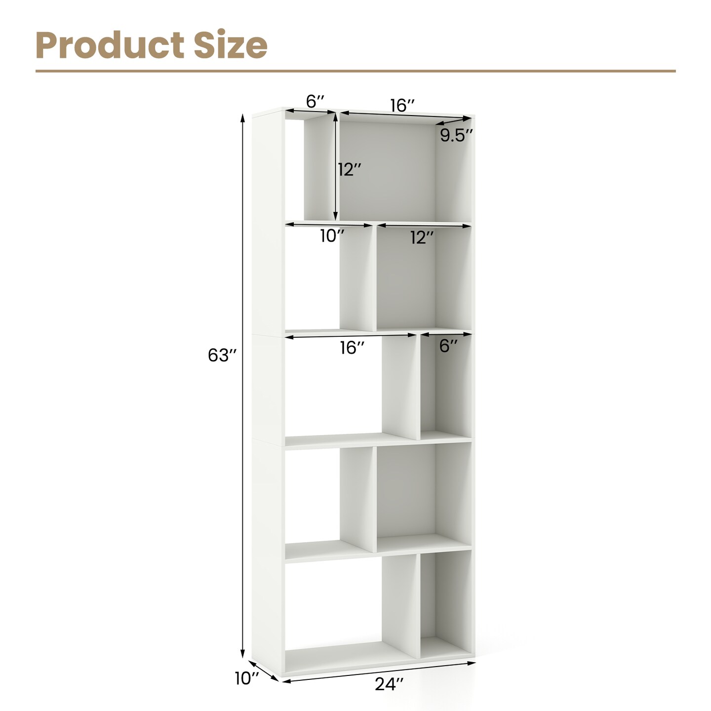 63 Inch White Tall 5-Tier 10-Cube Geometric Bookshelf Perfect for Living Room, Study or Office