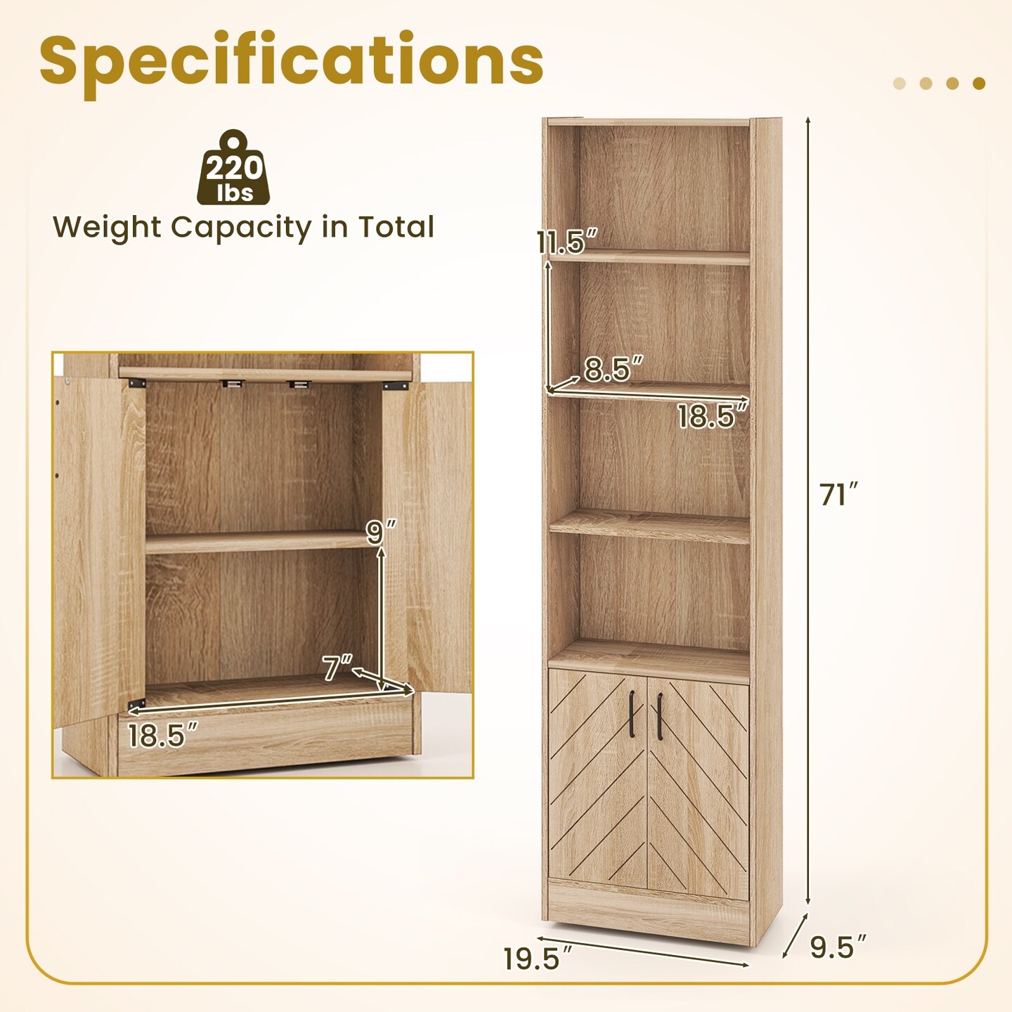 Oak Engineered Wood Bookcase with Vertical Strip Design Adjustable Shelf Double-Door Cabinet and Open Storage