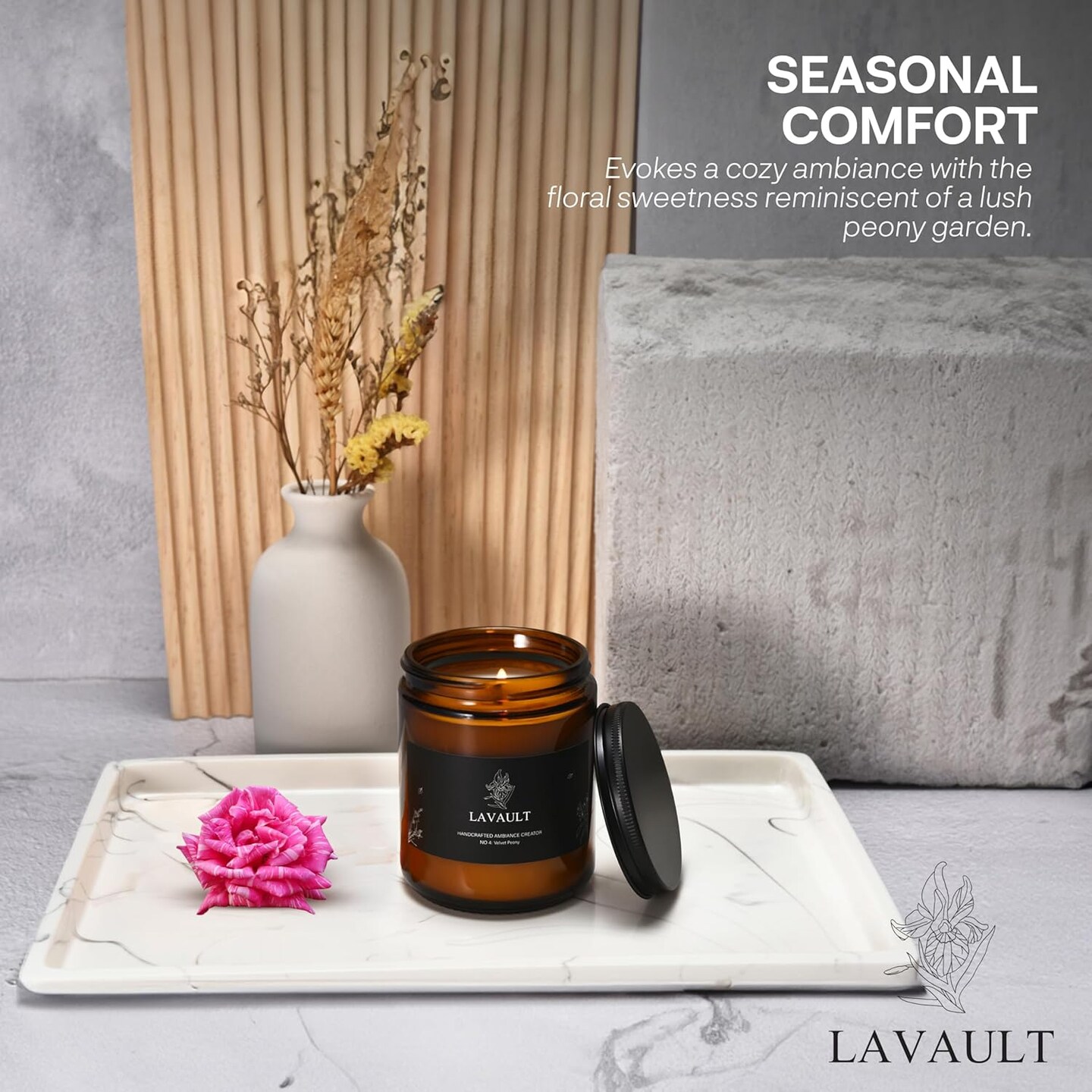 Scented Jar Candles - Calm Smelling Candle - Candlestick Safe Material - Warm and Cozy with 100% Natural Soy Wax and Essential Oil - Hours of Aromatherapy Scent - Velvet Peony Aroma Brown