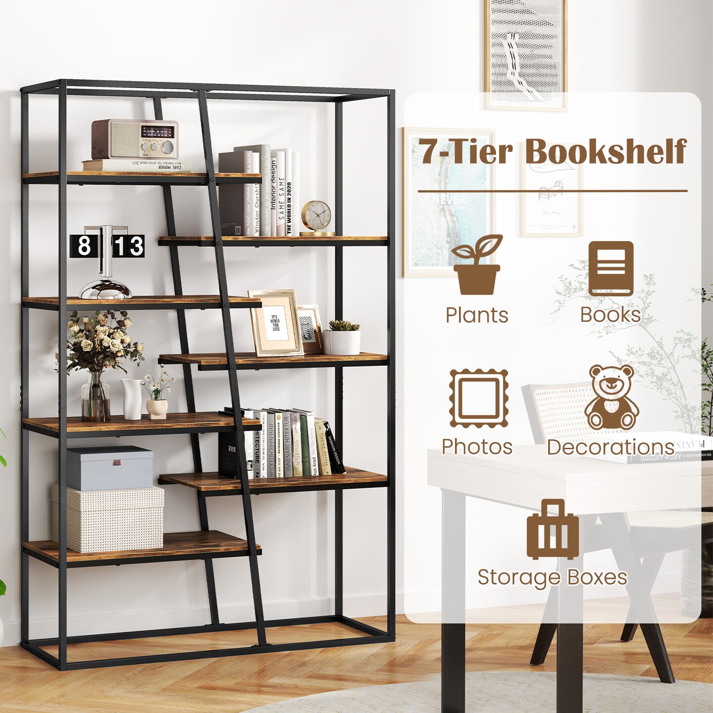 71-Inch 7-Tier Etagere Bookcase with Heavy-Duty Metal Frame and