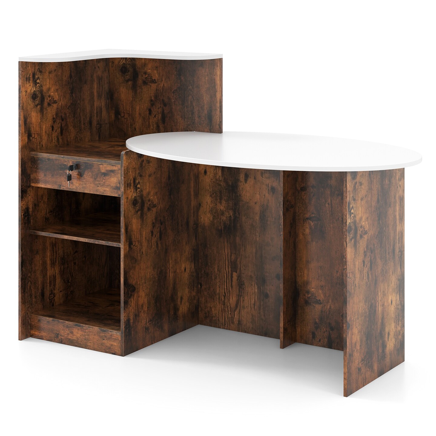 Rustic Brown Modern Reception Desk Front Counter Desk with Oval Tabletop and Lockable Storage Drawer