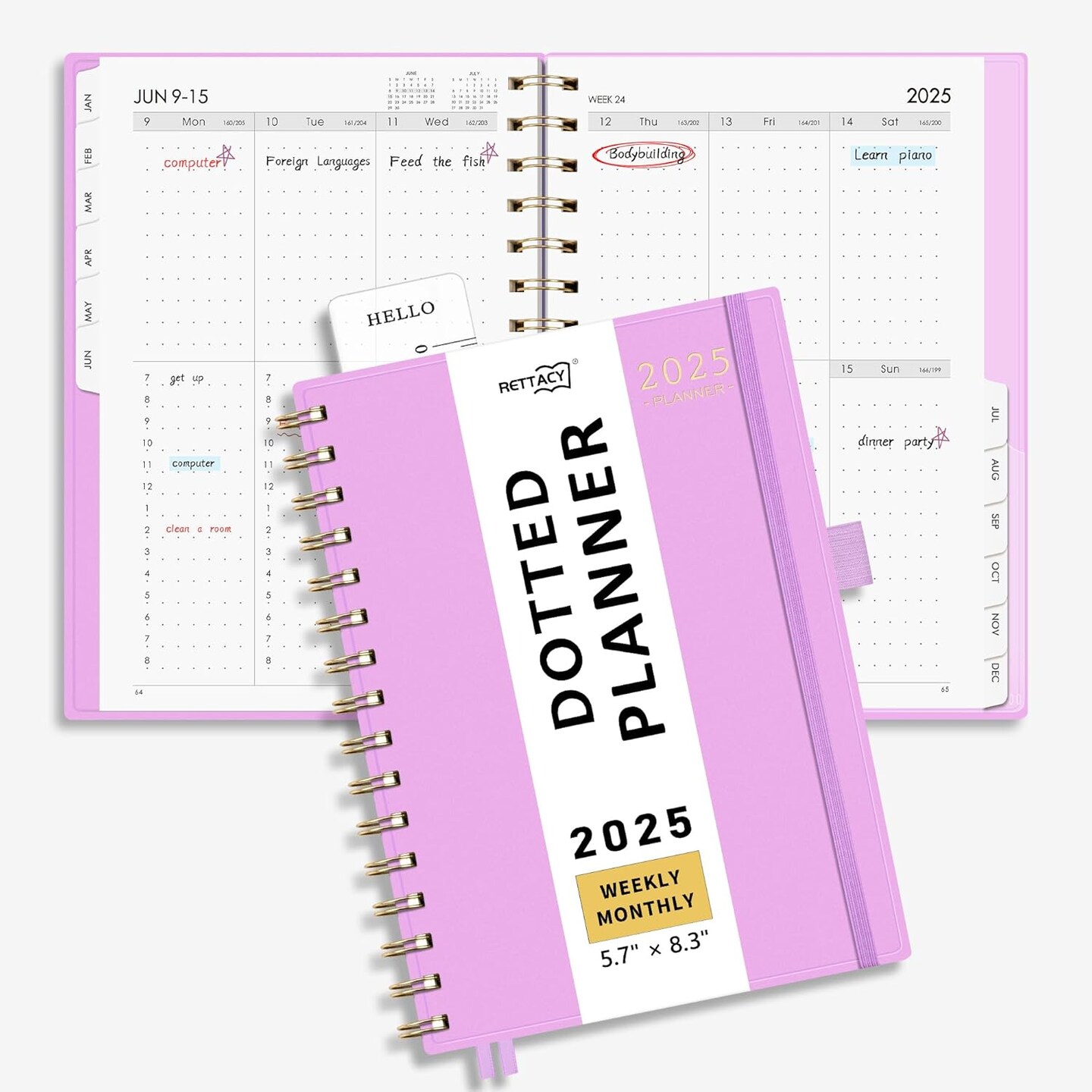 2025 Planner, Bullet Dotted Journal Style, Weekly and Monthly Planner, Jan 2025 - Dec 2025, Medium 5.7&#x22; &#xD7; 8.3&#x22;, 2025 Calendar, 12-Monthly Tabs, Flexible Plastic Cover (Purple)