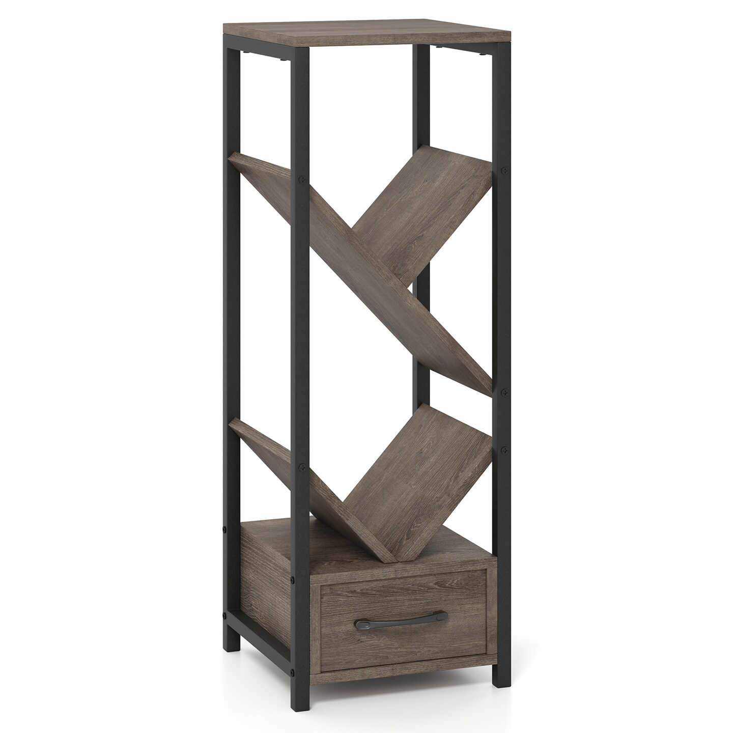 Grey 4 Tier Floor Tree Bookshelf with Drawer and Metal Frame Perfect for Any Room