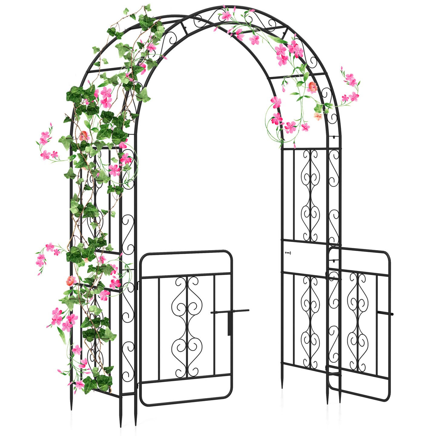 Garden Arbor with Gate with Multiple Side Crossbars and 4 Sharp Ground Stakes-Black
