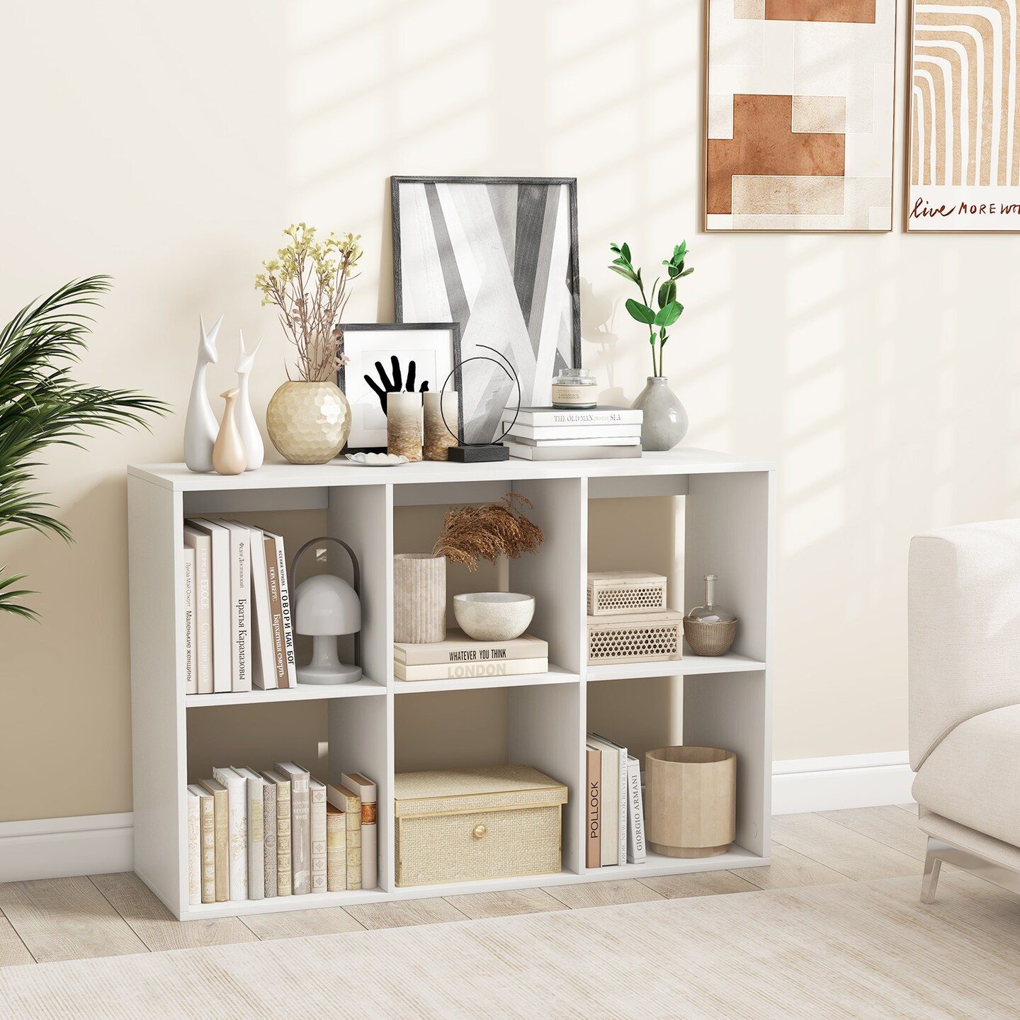 White 6 Storage Cube Bookshelf with Back Guardrail Perfect Addition for Any Room