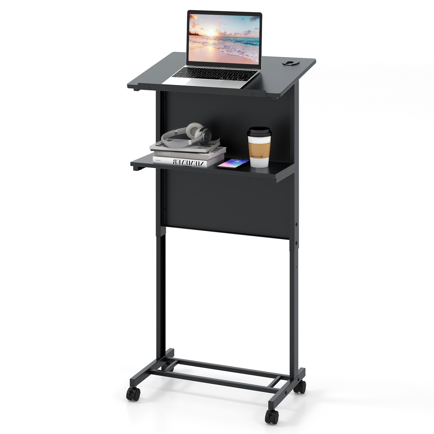 3-Position Black Height Adjustable Lectern Table with Tilted Tabletop and Built-In Cable Hole
