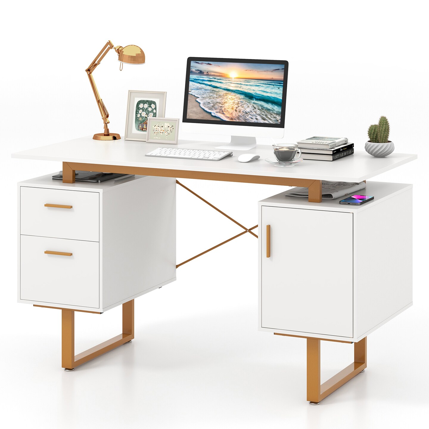 White 51 Inch Dual Drawer Computer Desk with Floating Desktop and X-Shaped Metal Frame