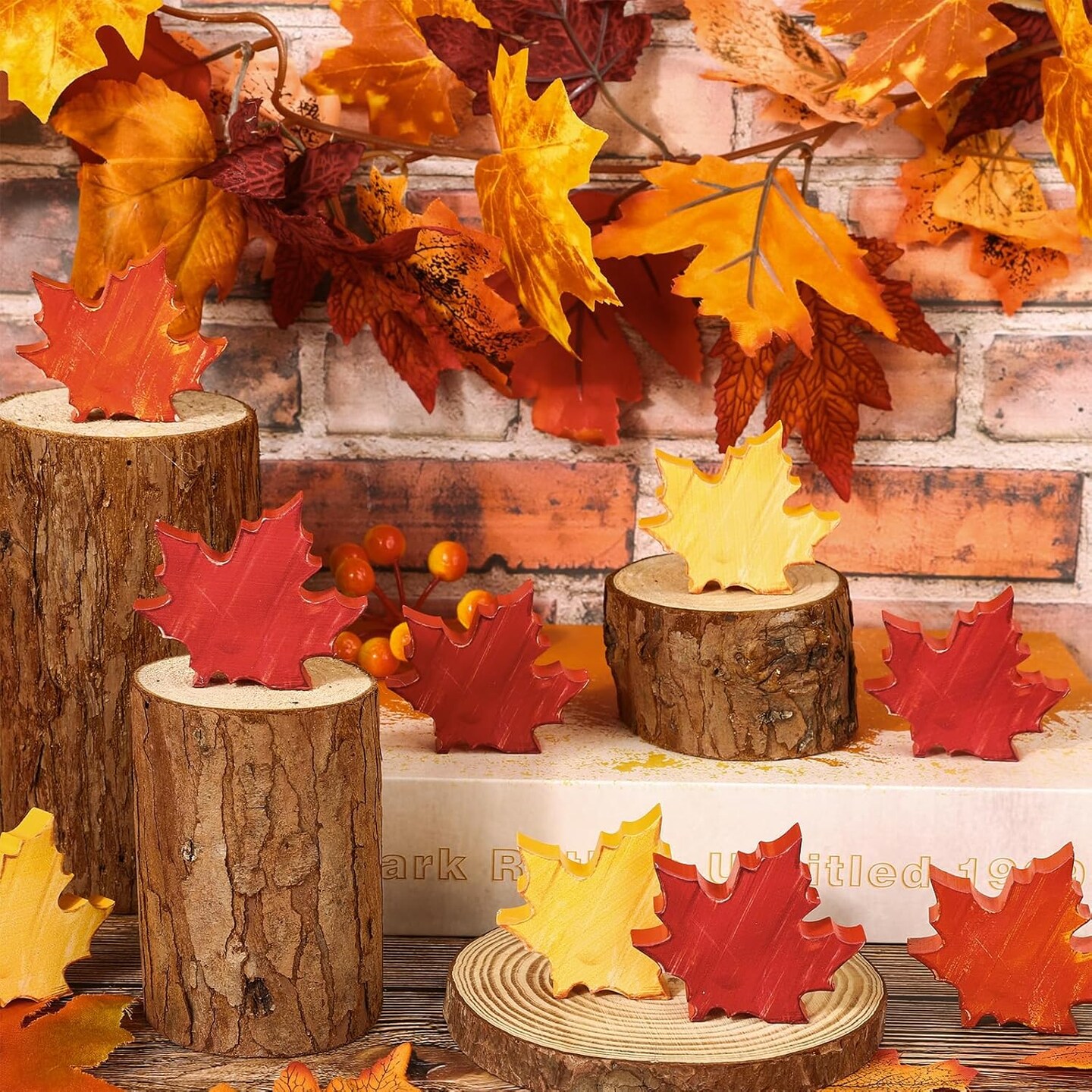 12PCS Fall Thanksgiving Wooden Maple Leaf Table Decor – Rustic Autumn Harvest Tabletop Centerpieces for Tiered Tray, Shelf, Mantel & Farmhouse Thanksgiving Decorations