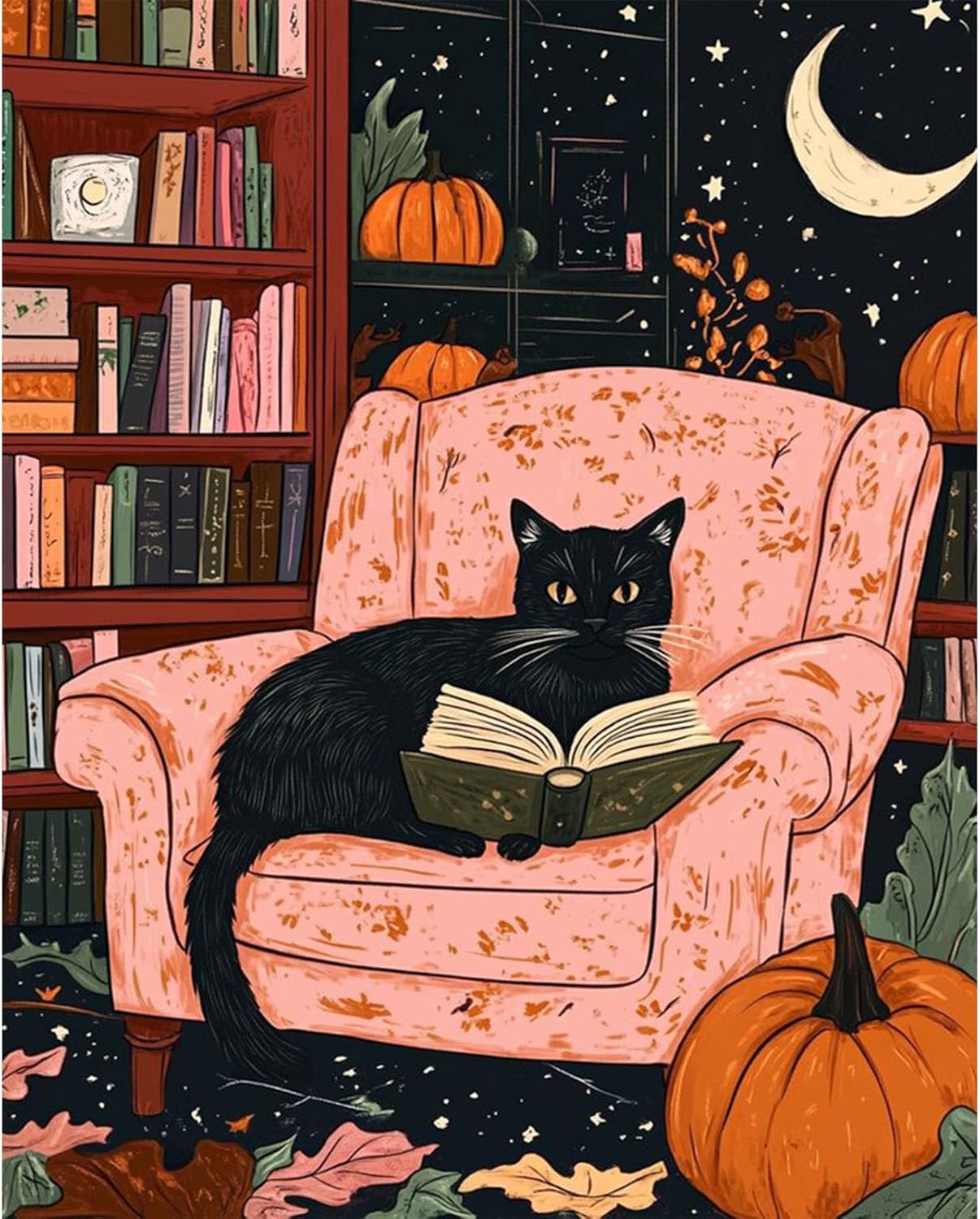 Black Cat Paint by Numbers for Adults, Halloween Paint by Number on Canvas Without Frame