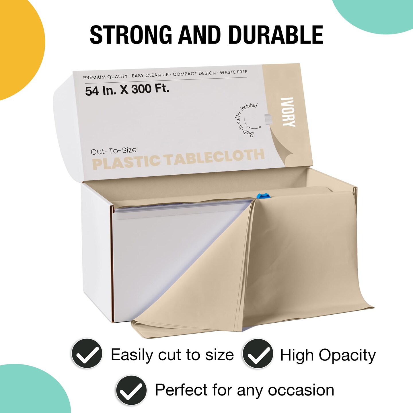 Party Solids 54" x 300' Plastic Table Cover Roll with Slide Cutter – Cut-to-Size Dispenser Box – Makes Up to 36 Disposable 8' Rectangle Tablecloths by Exquisite