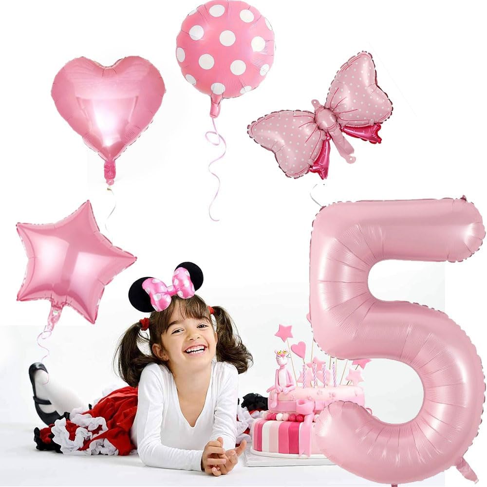 40 Inch Number 5 Balloon with Bow – Pink Jumbo Happy Birthday Balloon for Girls’ Birthday Party Decorations & Supplies