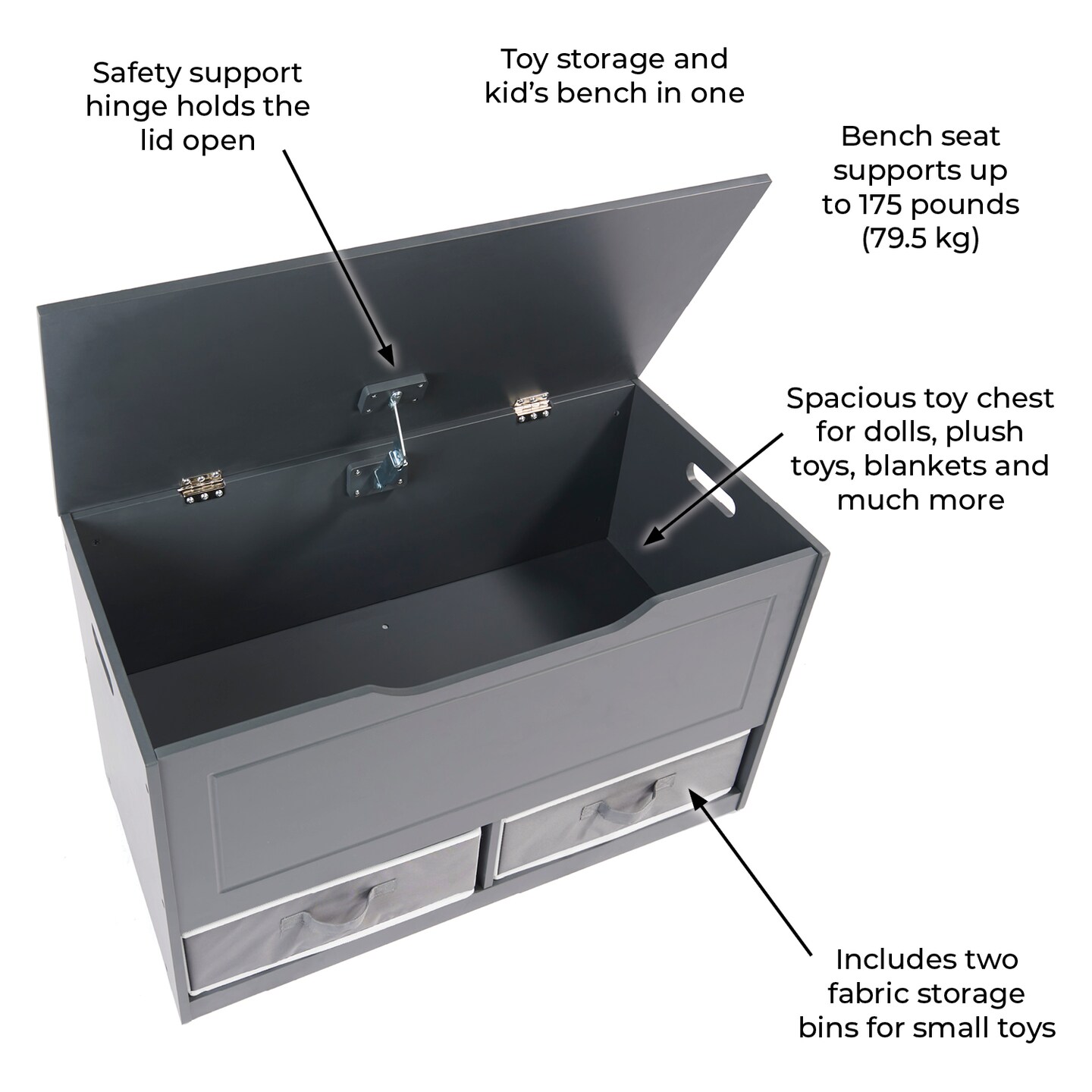 Badger Basket Up and Down Toy and Storage Box and Bench with Two Baskets - Charcoal