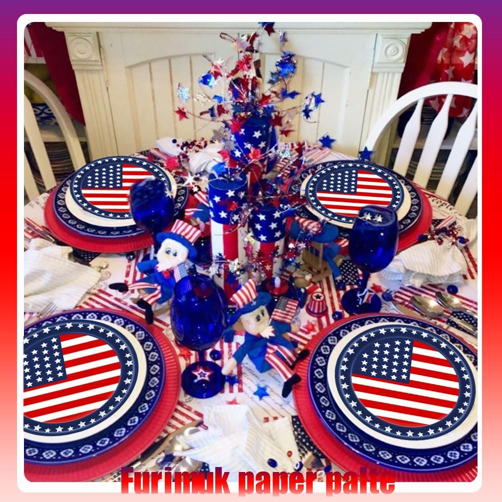 4th of July Patriotic Paper Plates Set for 25 Guests – 7” Disposable American Flag Dessert Plates for Independence Day, Veterans Day & Election Day Party Supplies