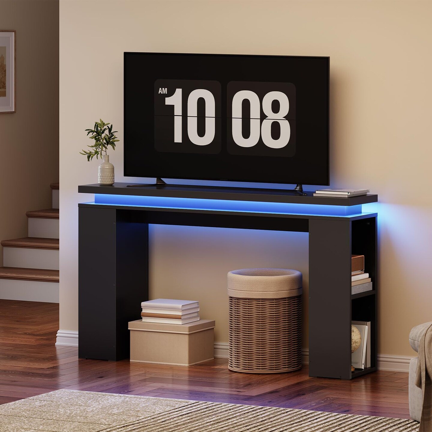 Minimalist Black Floating Console Table – LED Ambient Lighting and Versatile Storage