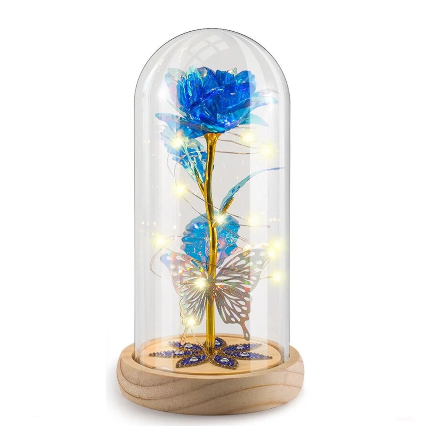Eternal Preserved LED Rose with Butterfly in Glass Dome Décor