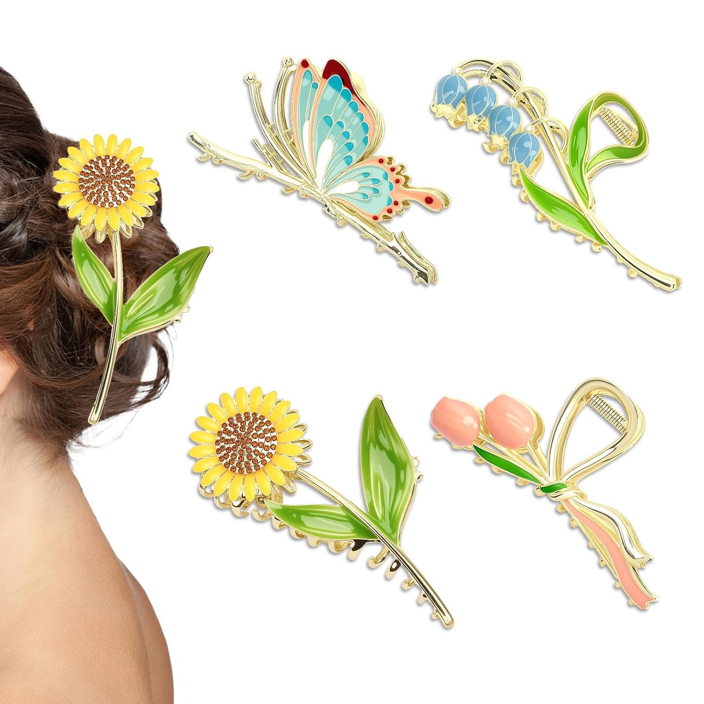 Flower Butterfly Metal Hair Claw Clips 4pcs Cute Large Tulip Sunflower Butterfly Non-Slip Hair Clips