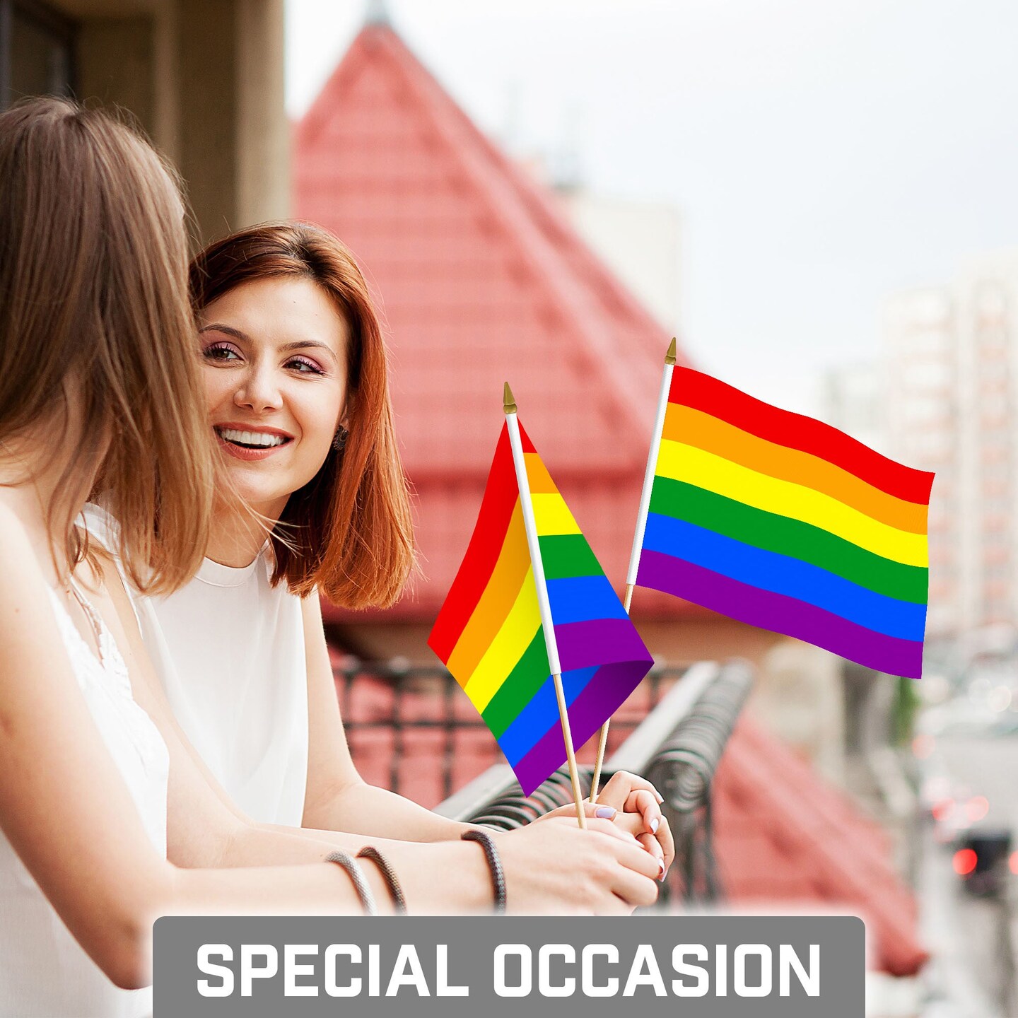 G128 24 Pack Handheld LGBT Rainbow Pride Stick Flags | 8x12 In | Printed 150D Polyester, Social Flag, Solid Wooden Stick, Spear Gold Tip