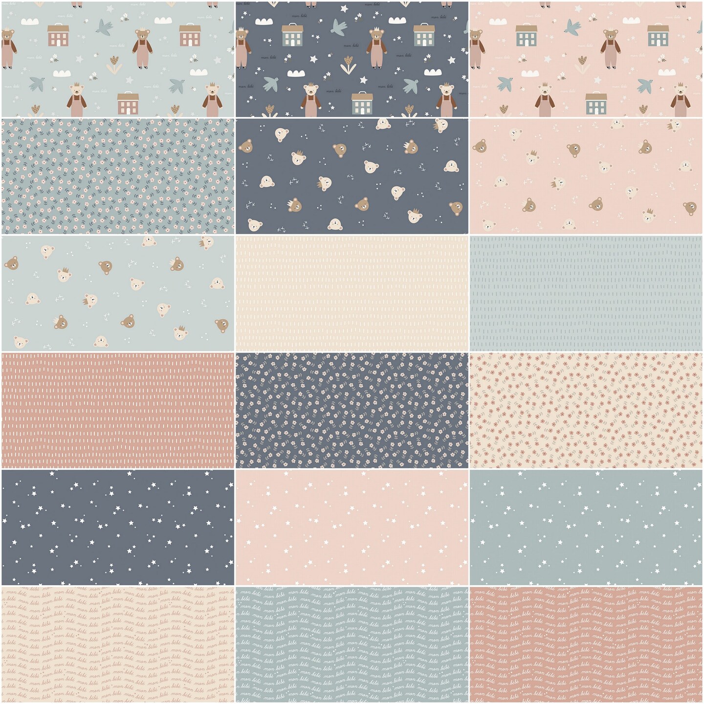 Cozy Bebe 5&#x22; Square Pack (Charm Pack / 5&#x22; Stacker) by Simple Simon &#x26; Company for Riley Blake (5-16430-42)