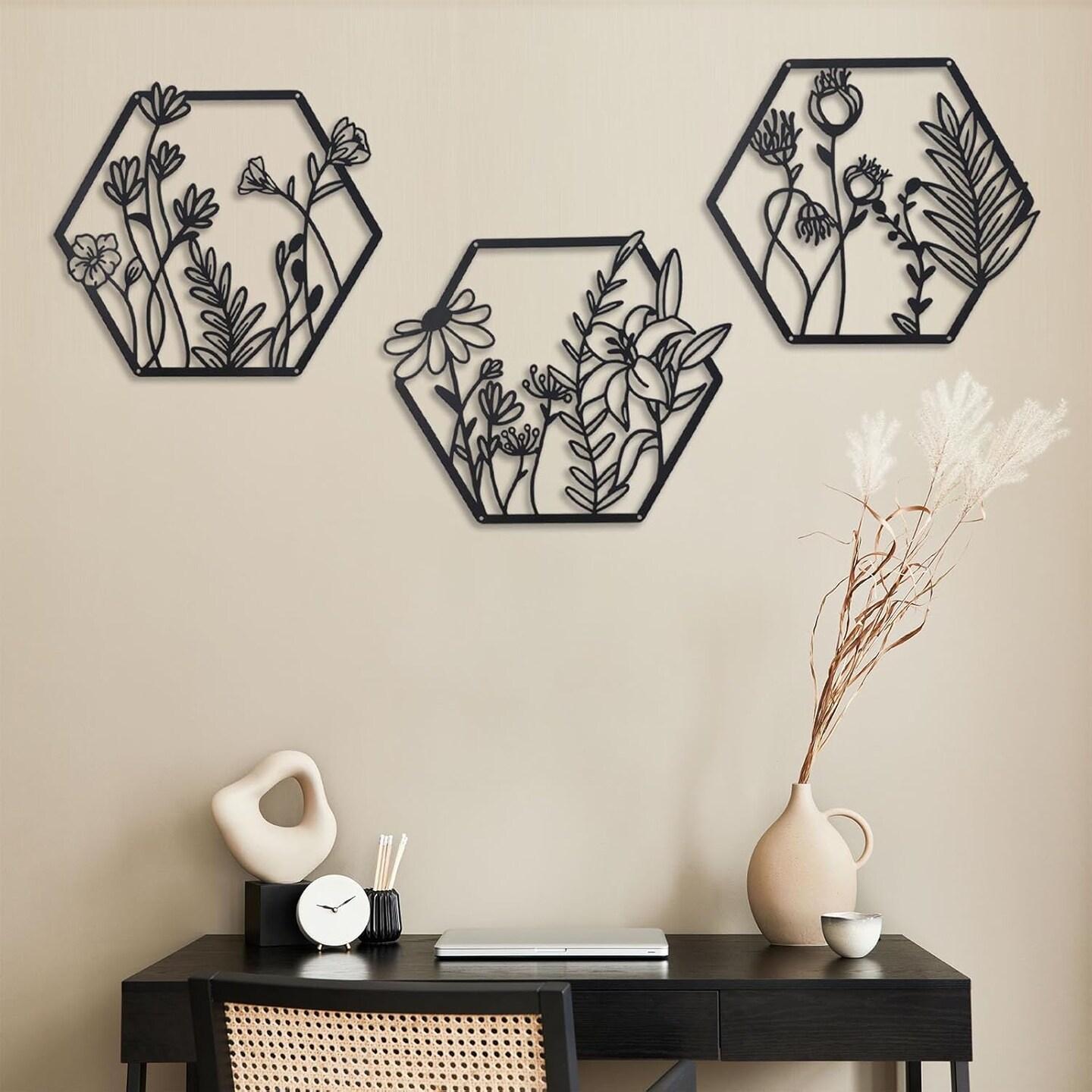 3 Pcs Metal Flower Wall Decor,Flower Art Wall Decor,Farmhouse Wall Decor (Black)