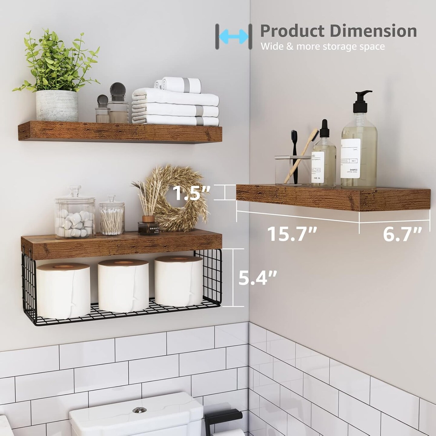 Bathroom Shelves Over Toilet Wall Mounted Floating Shelves Farmhouse Shelf Toilet Paper Storage Small 16 inch Set of 3, Rustic Brown (019-BN3)