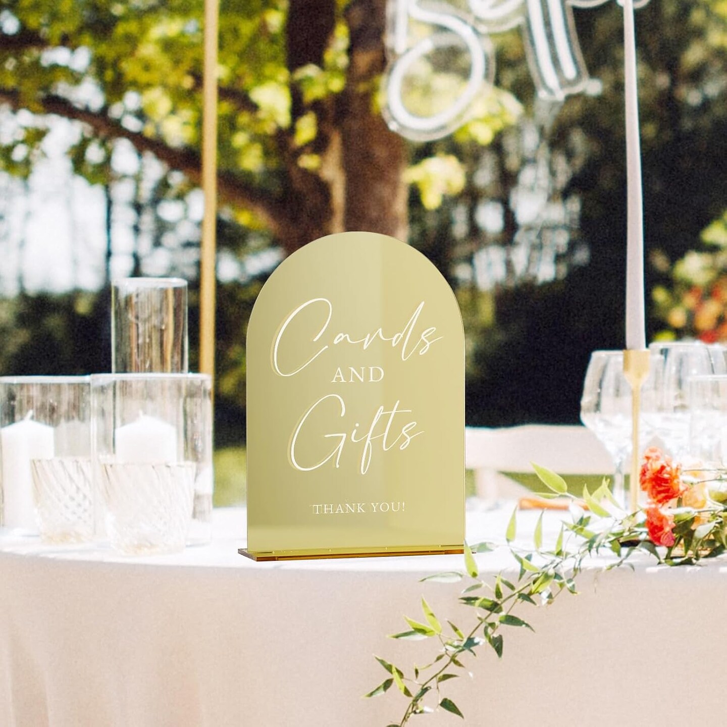 Gold Mirror Acrylic Cards and Gifts Sign with Stand 5 x 7 Inch