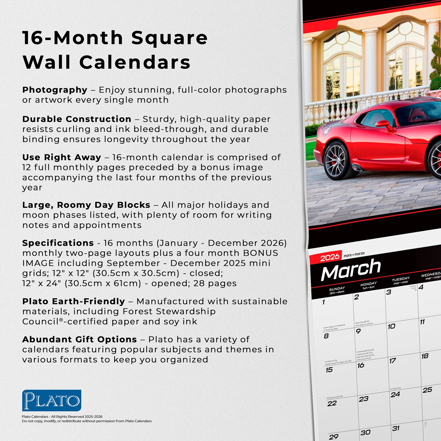 American Sports Cars OFFICIAL | 2026 12 x 24 Inch (Hanging) Monthly Square Wall Calendar | Foil Stamped Cover