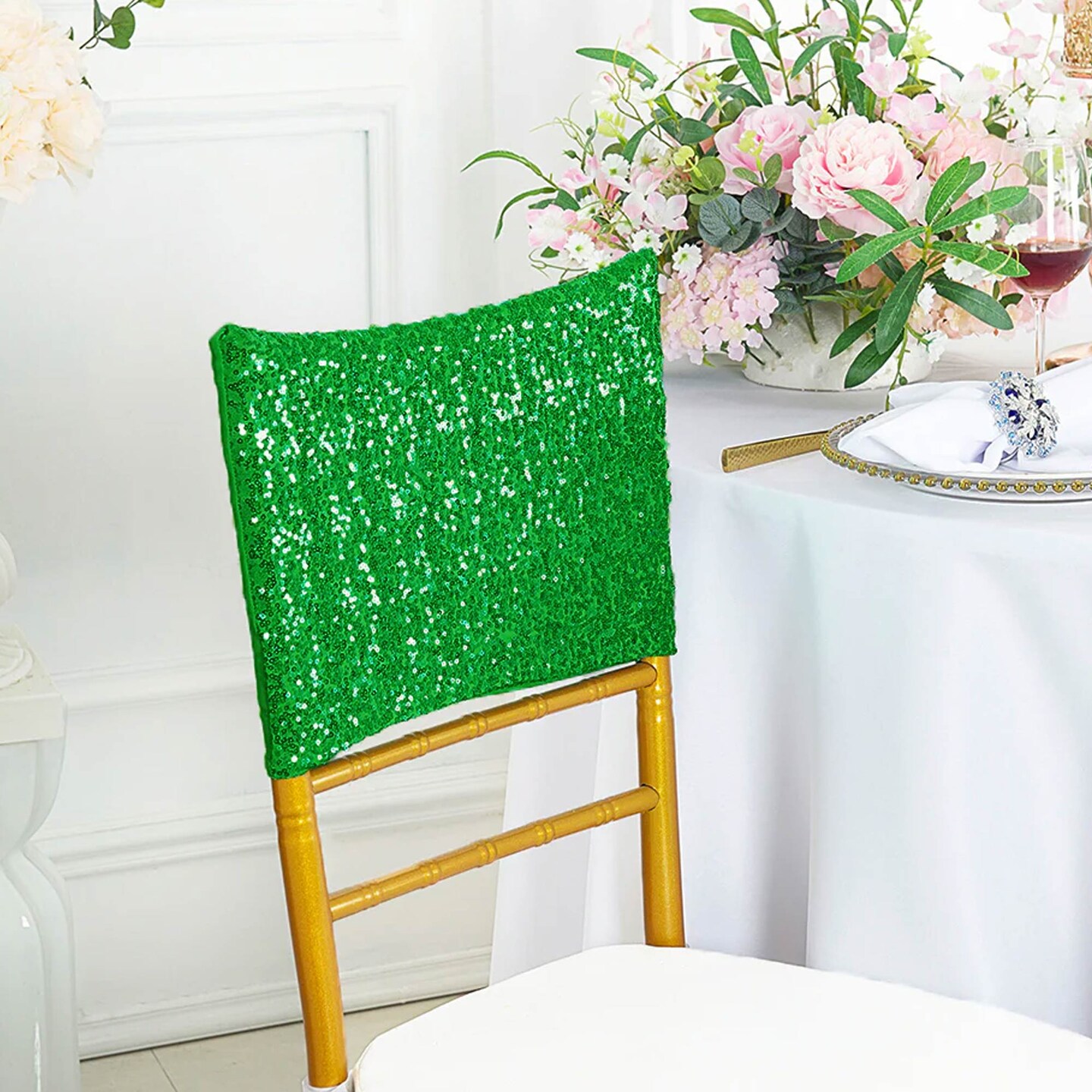 1 Piece Emerald Green Sequin Spandex Chair Cap 13.5 inch by 10 inch Event Cover