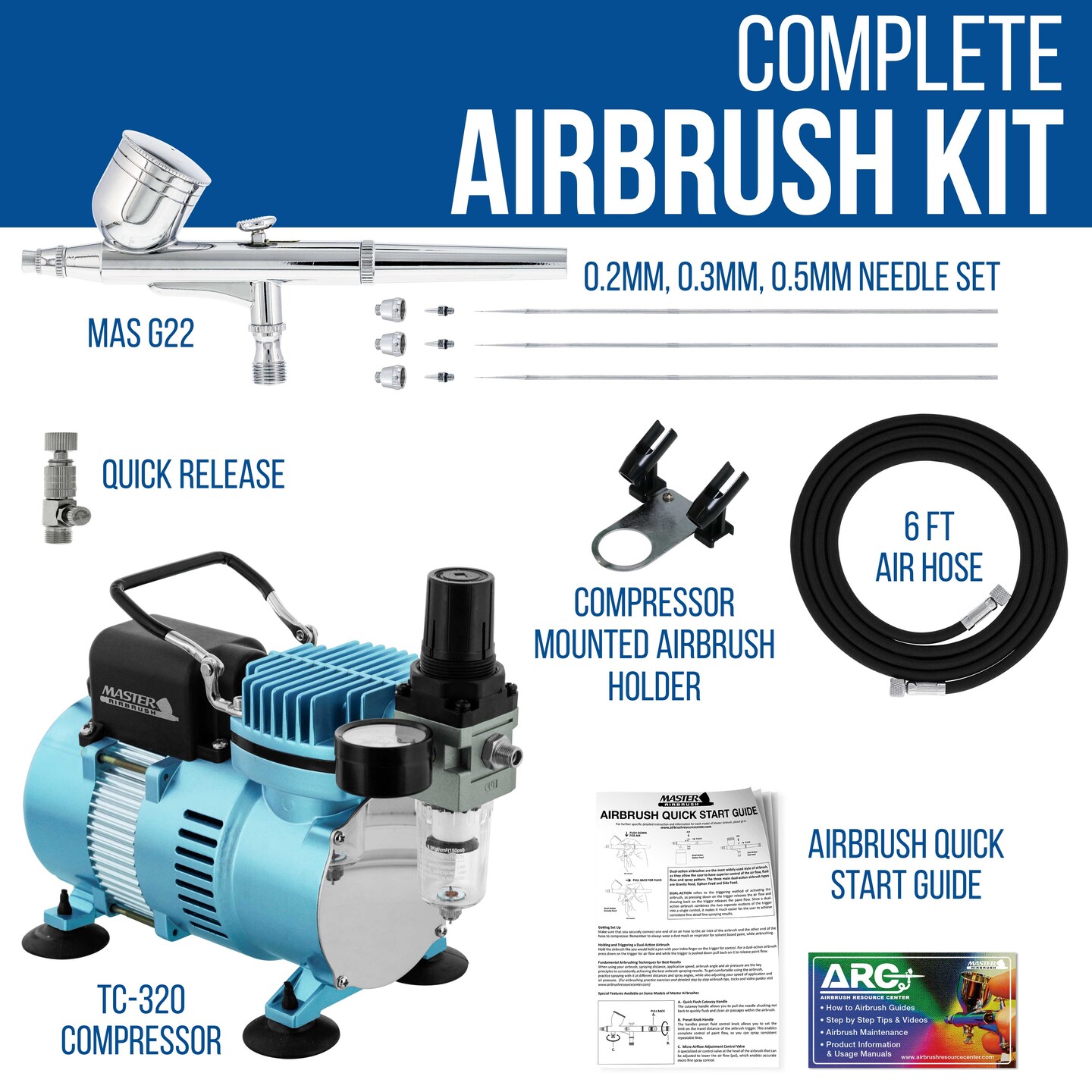 Cool Runner II Dual Fan Air Tank Compressor System Kit with a Pro Set G222 Gravity Airbrush Kit with 3 Tips 0.2, 0.3 &#x26; 0.5mm - Holder, How-To Guide
