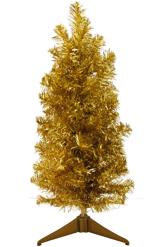Gold Tabletop Pencil Christmas Tree 2ft with 93 Tips Plastic Stand Lightweight Artificial Noble Fir