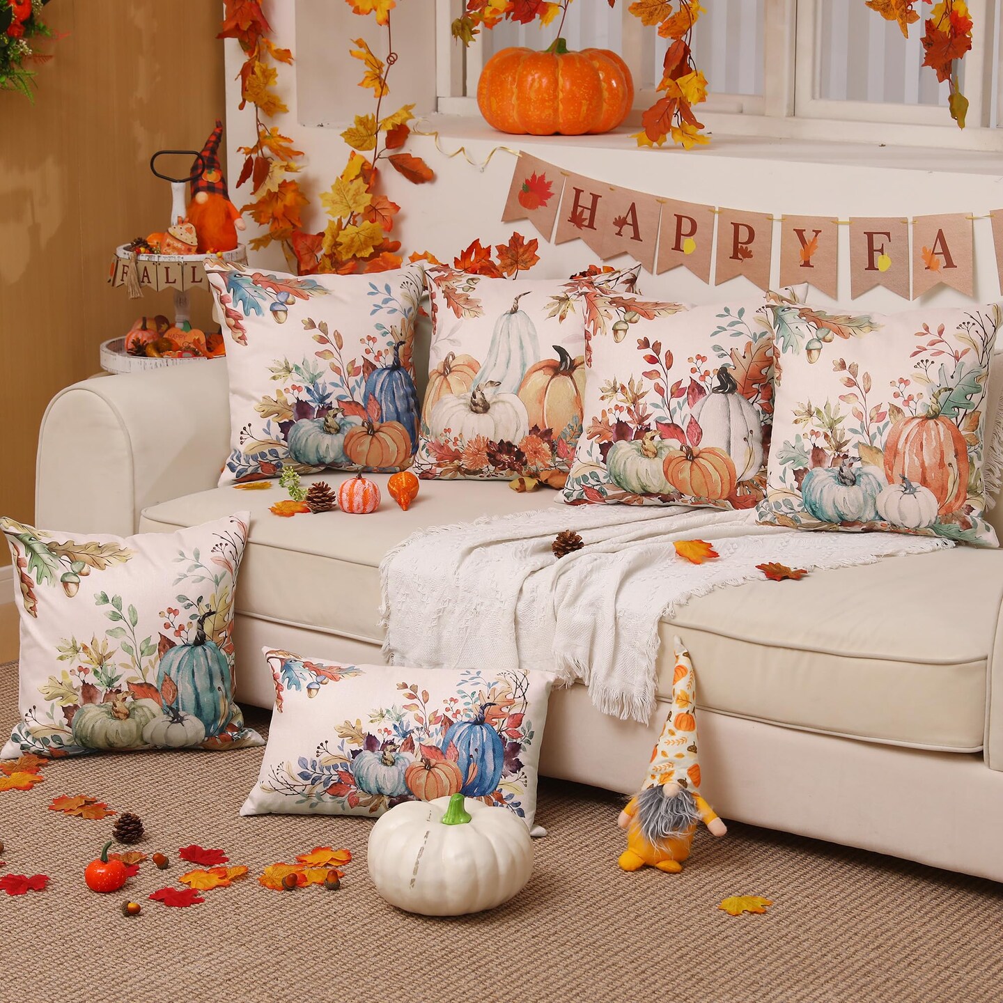 DFXSZ Fall Pillow Covers 18x18 inch Set of 2 Blue and Green Watercolor Pumpkin Fallen Leaves Decorative Throw Pillow Covers Autumn Thanksgiving Farmhouse Decoration for Home Couch TH27-E18