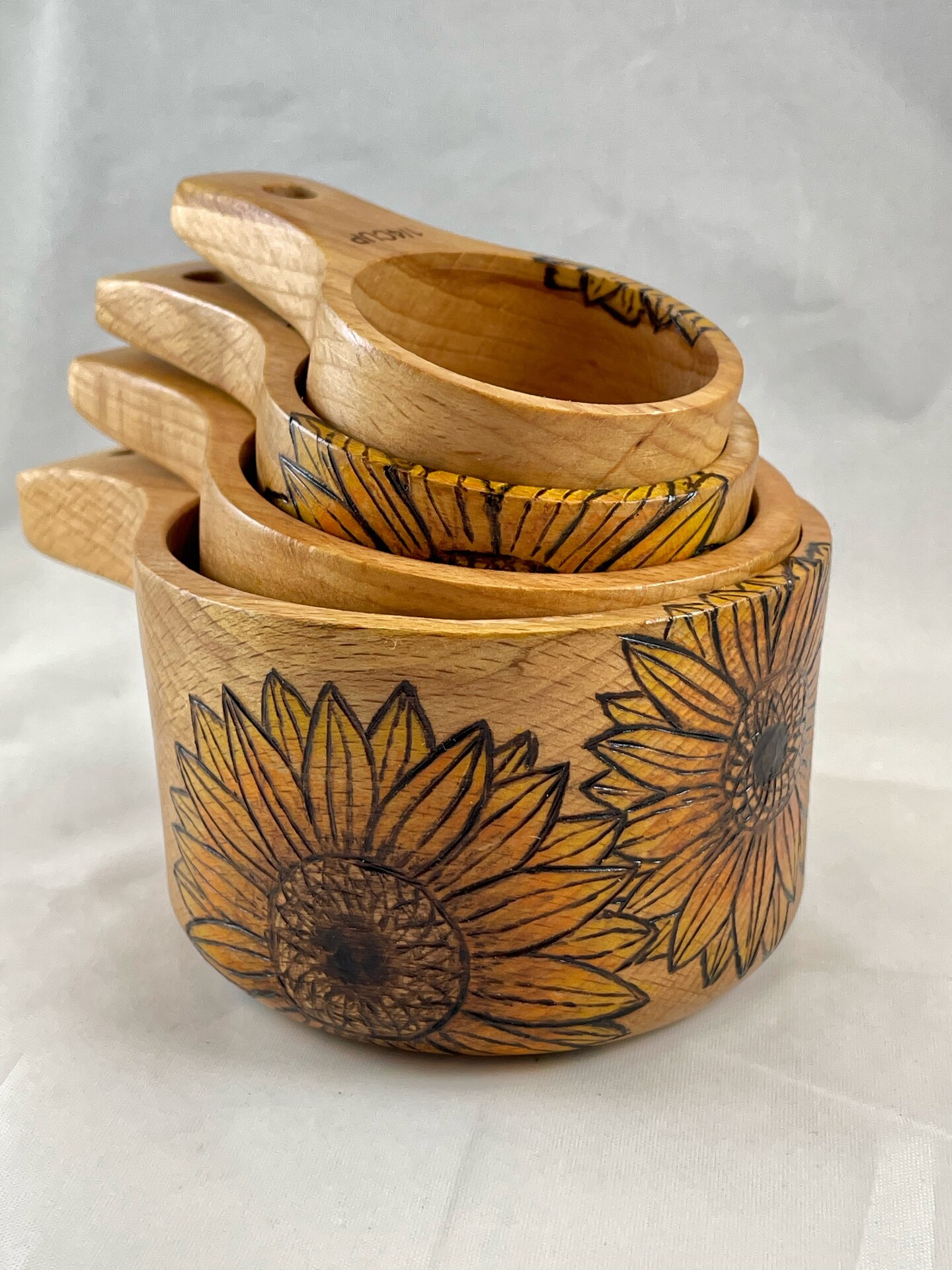 Sunflowers Wood Burned Measuring Cup Set, Pyrography Wood Burned Art, Unique Kitchen Gadget Gift Tool, Sun Flower Garden Gardener