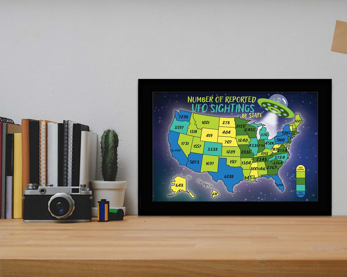 UFO Sightings Map Alien Art Print Flying Saucer UFO Wall Art Paranormal Extraterrestrial UFO Decor Ufologist Great Gift United States Map - image8