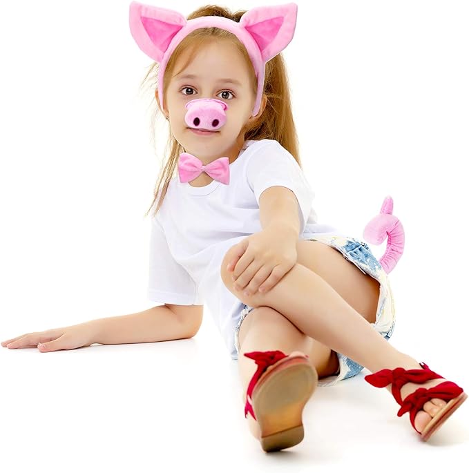 Pig Costume Set Pig Ears Nose Tail and Bow Tie Pink Pig Fancy Dress Costume Kit Accessories for Kids Halloween Party, Mardi Gras Costume Party, Carnival Dress up Play