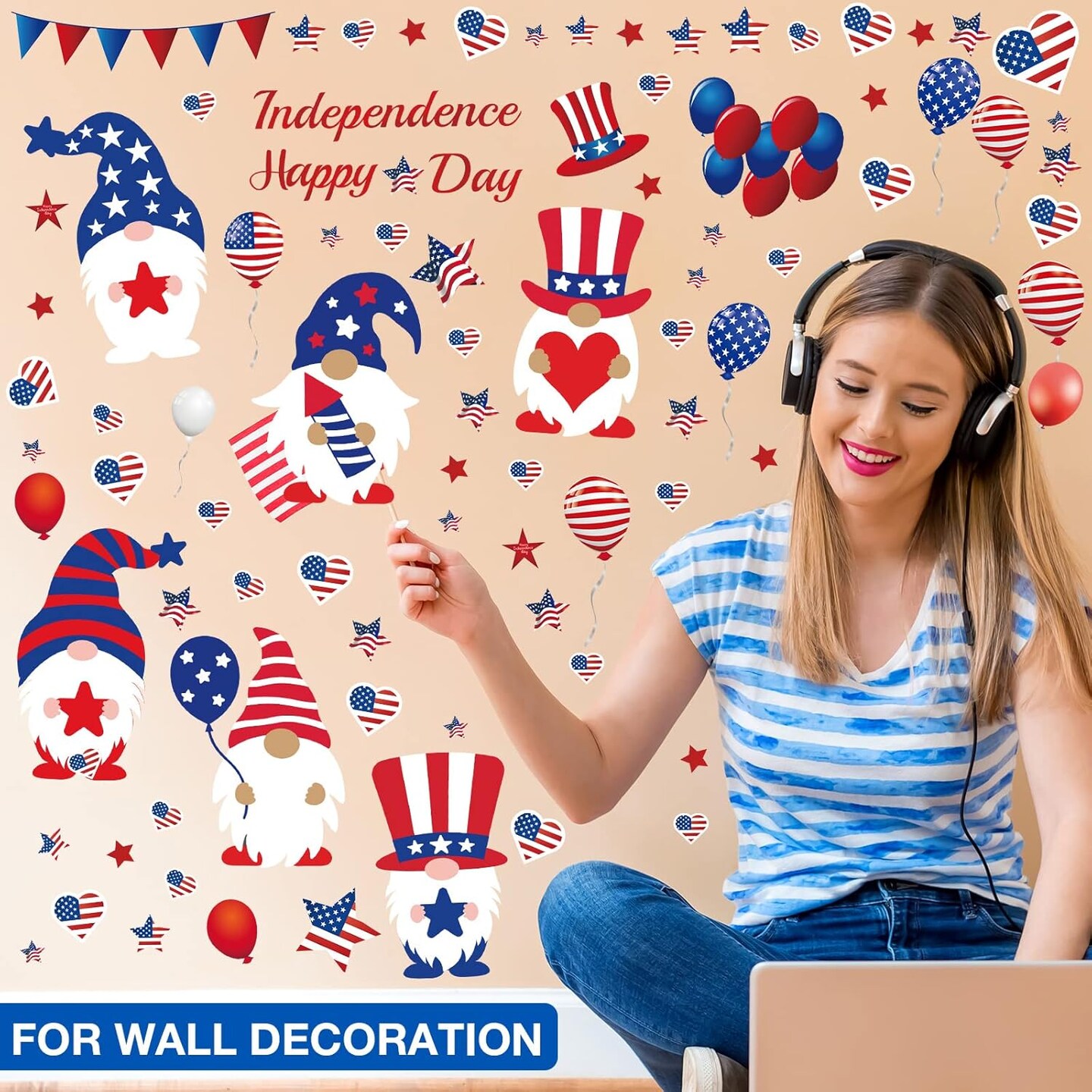 114 Pieces 4th of July Wall Sticker Independence Day Gnomes Patriotic American Flag Red White Blue Wall Decals Window Stickers for Memorial Day Independence Day Patriotic Party Favors Supplies Decor