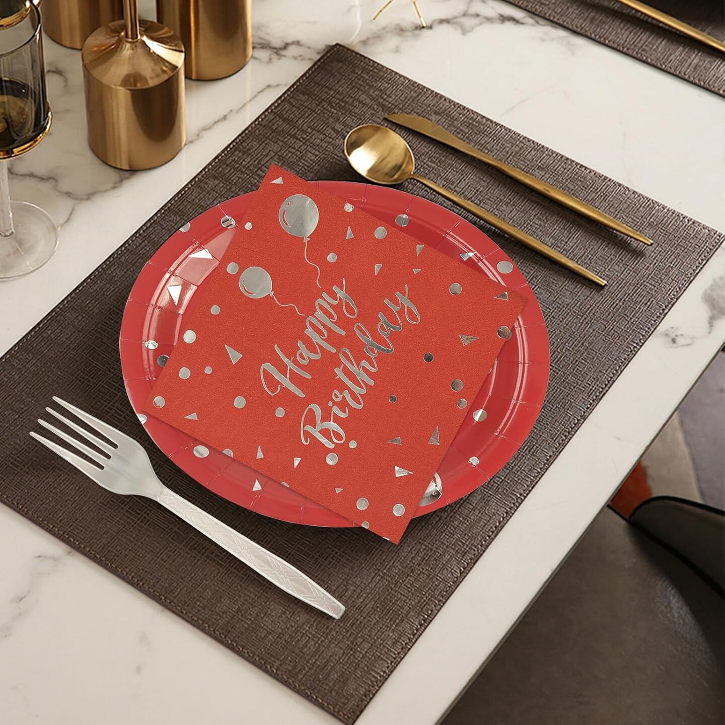 75PCS Happy Birthday Paper Plates Set, Disposable Party Dessert Plates Dinnerware Napkins Plastic Forks Tableware Guests for 2025 New Year Birthday Party Decoration, Serve 25 (Red, 7IN)