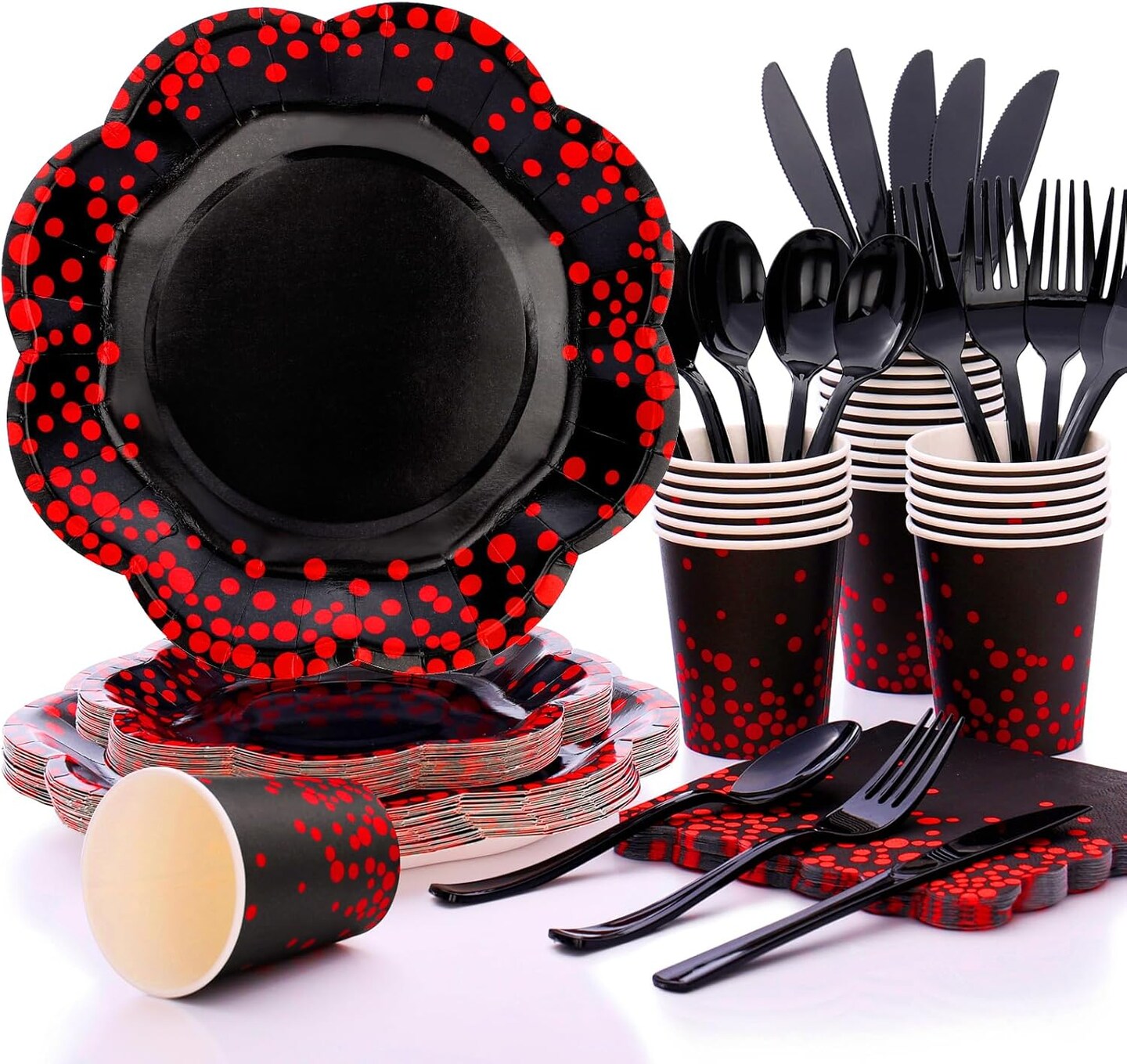175PCS Red and Black Birthday Decorations,Red Dot on Black Party Plates and Napkins,Black Paper Plates for Birthday Baby Shower Wedding Anniversary Party Decorations,Serves 25