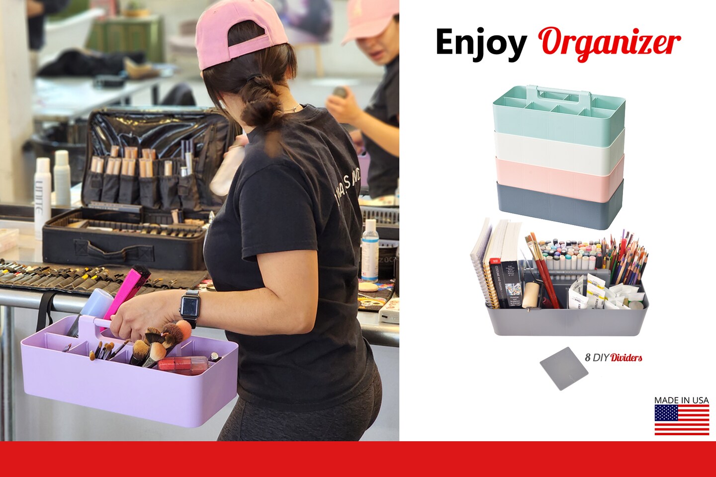 Enjoy Organizer Portable Caddy with Handle – 8-Compartment Storage Bin with Removable Dividers for Office, Crafts, and Home – Made in USA