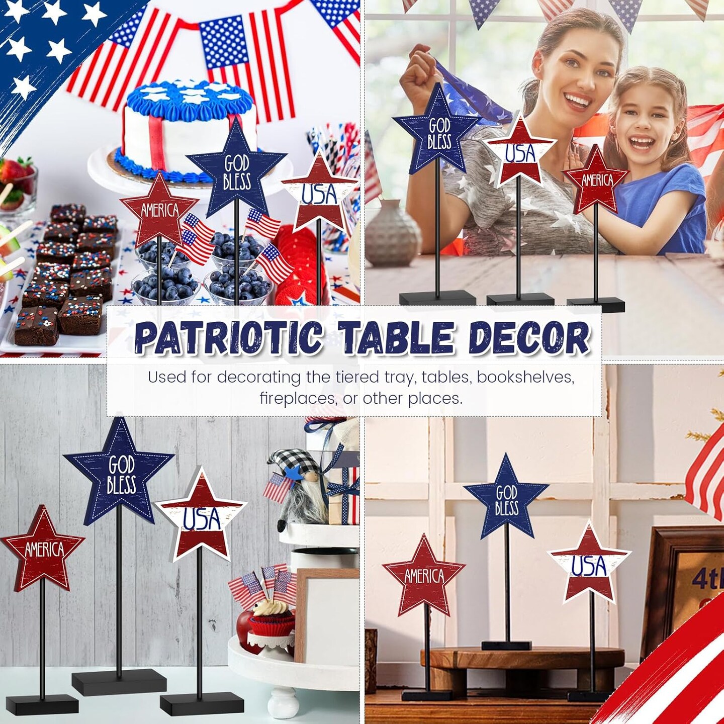 3 PCS 4th of July Wood Star Table Sign, Wooden Patriotic Table Centerpieces, Rustic Memorial Day Tabletop Decorations, Wood Standing Star, Red White and Blue Decorations for Home Office (Text)