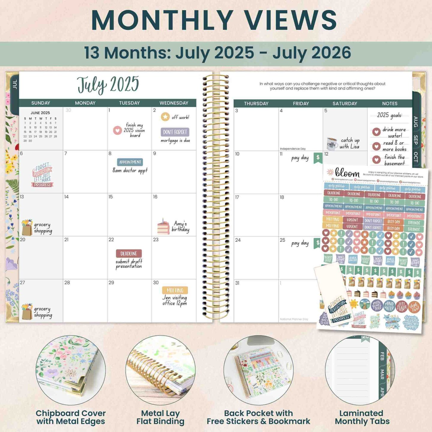 bloom daily planners 2025-26 Academic Planner Vision Planner, 7.5" x 9", Garden Party, Beige