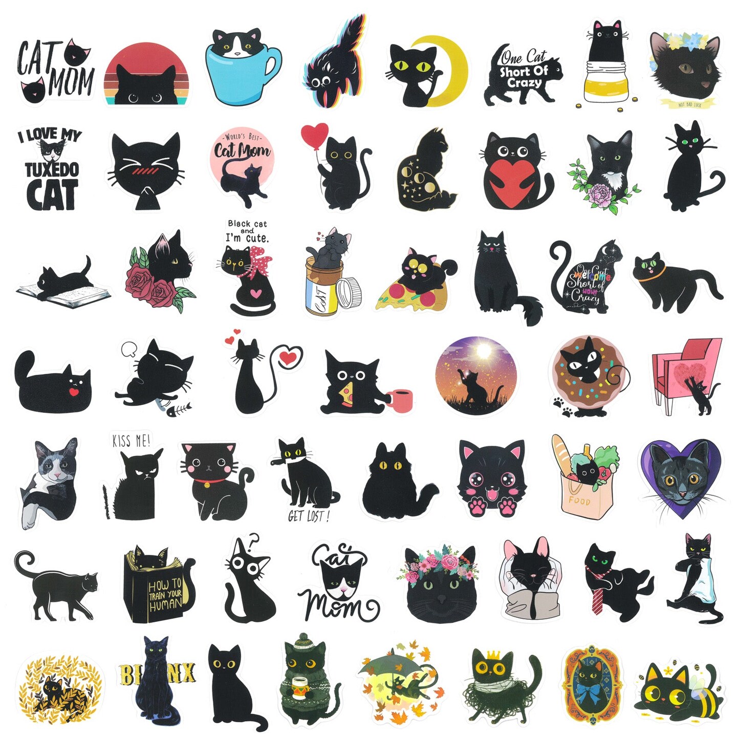 Wrapables Waterproof Vinyl Stickers for Water Bottles, Laptop, Phones, Skateboards, Decals for Teens, 100pcs, Black Cats
