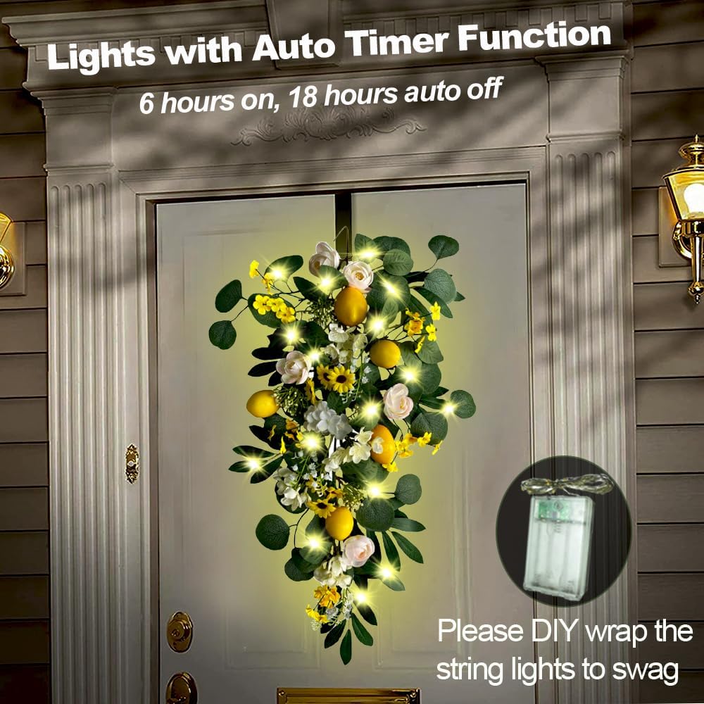 Lemon Door Swag with Lights 27.6&#x22; Summer Wreaths for Front Door