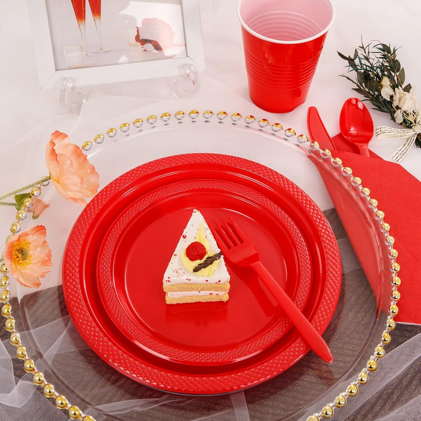 350PCS Red Disposable Plastic Plates,Valentines Day Plates Includes 50 Dinner Plates, 50 Salad Plates, 50 Sets of Red Silverware, 50 Red Napkins and 50Pcs 12OZ Plastic Cups