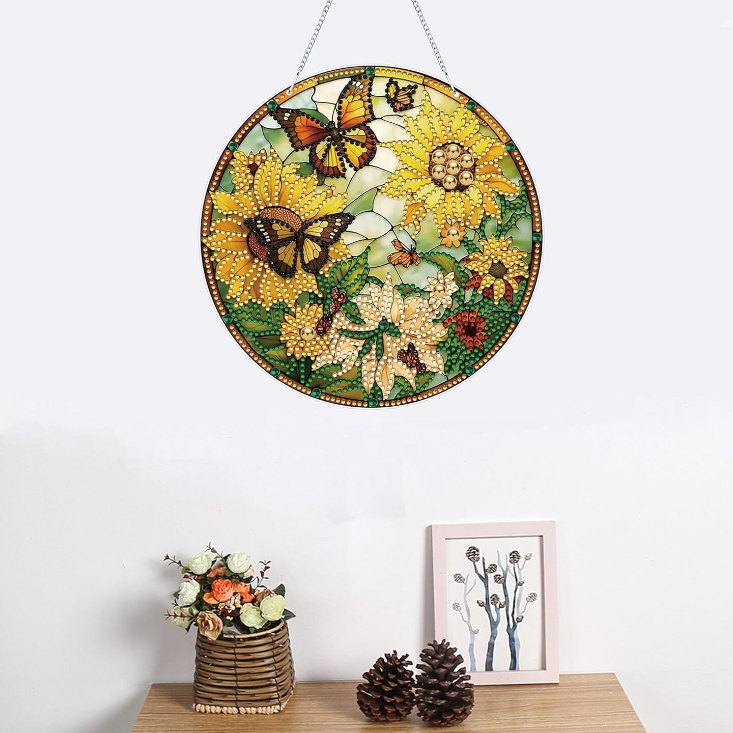 Sunflower Butterfly Diamond Painting Kits for Adults Hanging Sign Wall Art Sign Diamond Art Suncatcher Hanging Ornament Home Garden Wall Door Hanging Painting Kits, Yellow