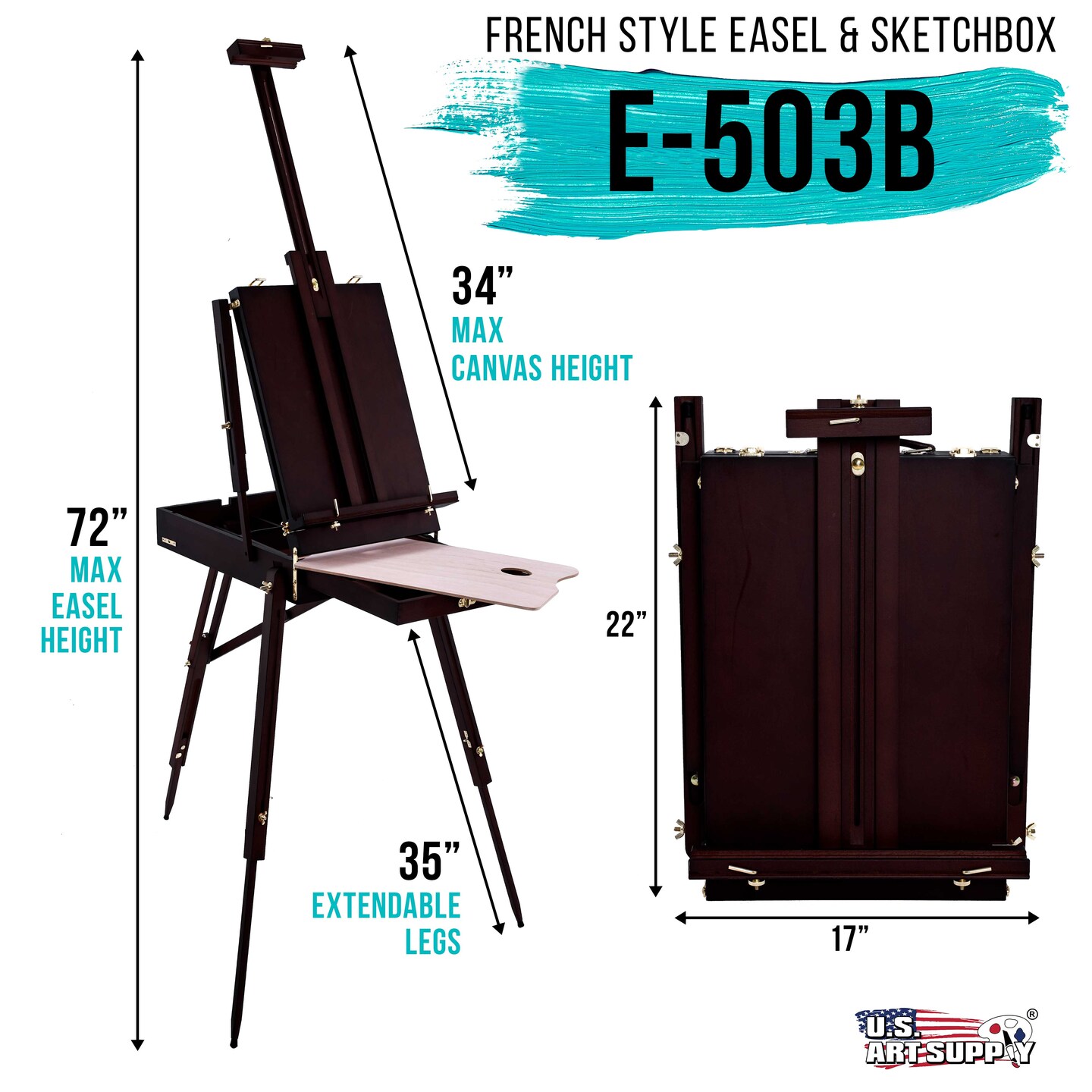 Coronado Black Cherry Easel, Large Adjustable Wooden French Style Field &#x26; Studio Sketchbox Tripod Easel Drawer, Artist Wood Palette, Premium Beechwood