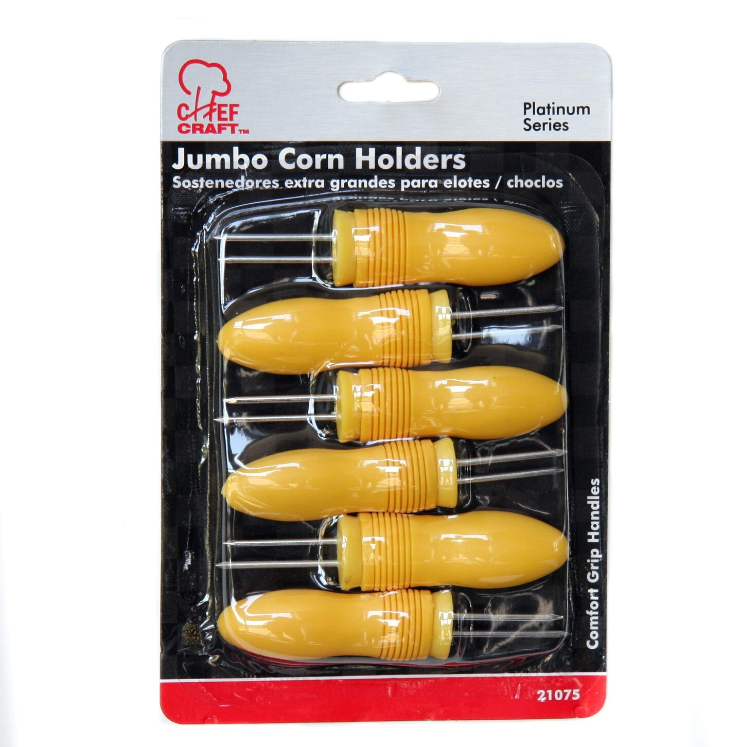 Chef Craft 3 Pair Soft Grip Handle Plastic Jumbo Corn Holders, 6 Piece Corn Cob Skewer Set