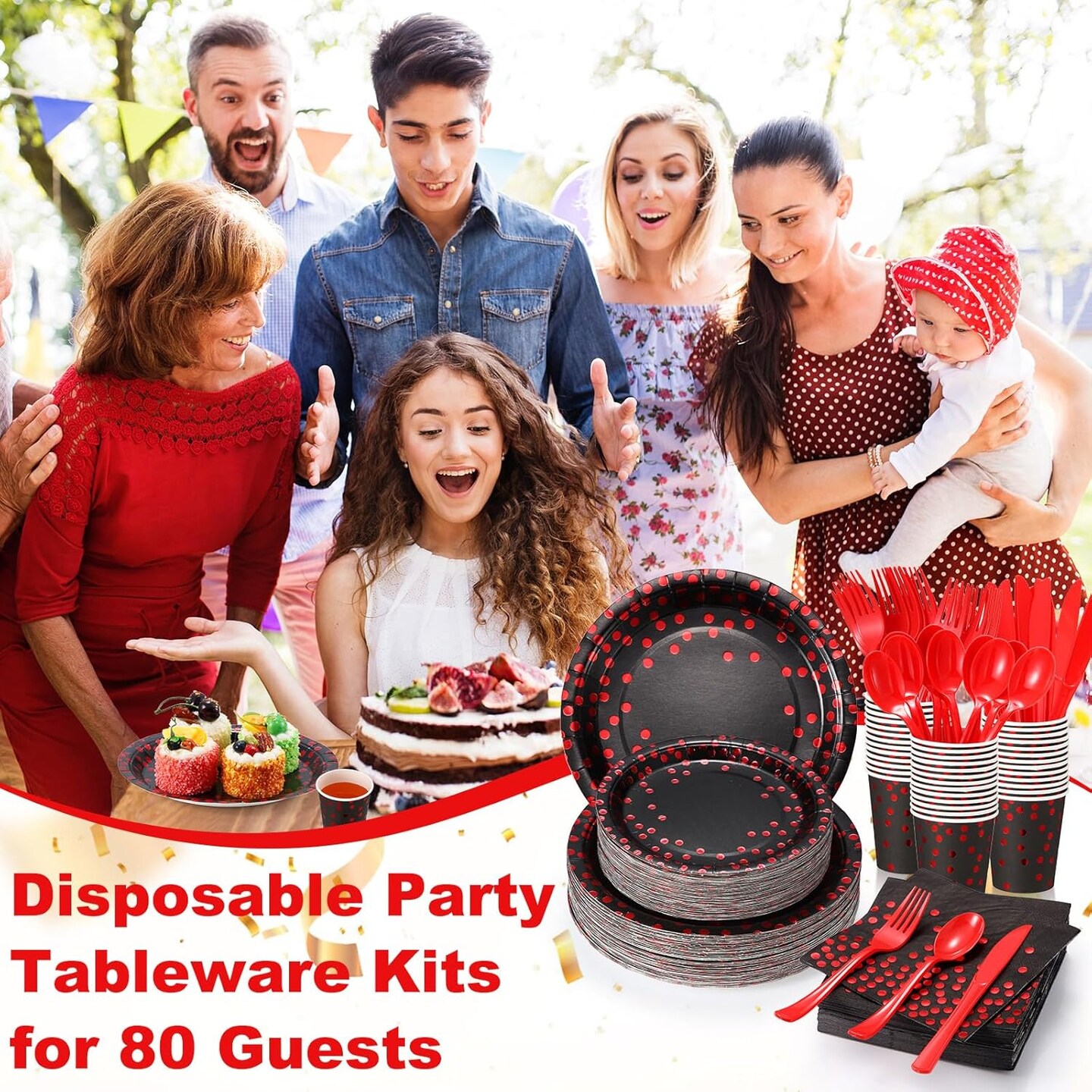 560 Pcs Black and Red Party Supplies for 80 Guests - Disposable Dinnerware Set with Black and Red Paper Plates, Napkins, Cups, Plastic Forks, Knives and Spoons