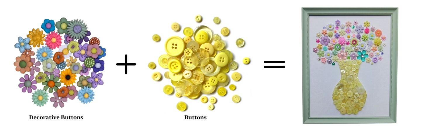 Flower Button Art Bundle | 75+ Assorted Flower Buttons + Yellow Fillers | Craft & DIY Decor Kit (8” x 10” Frame Size)