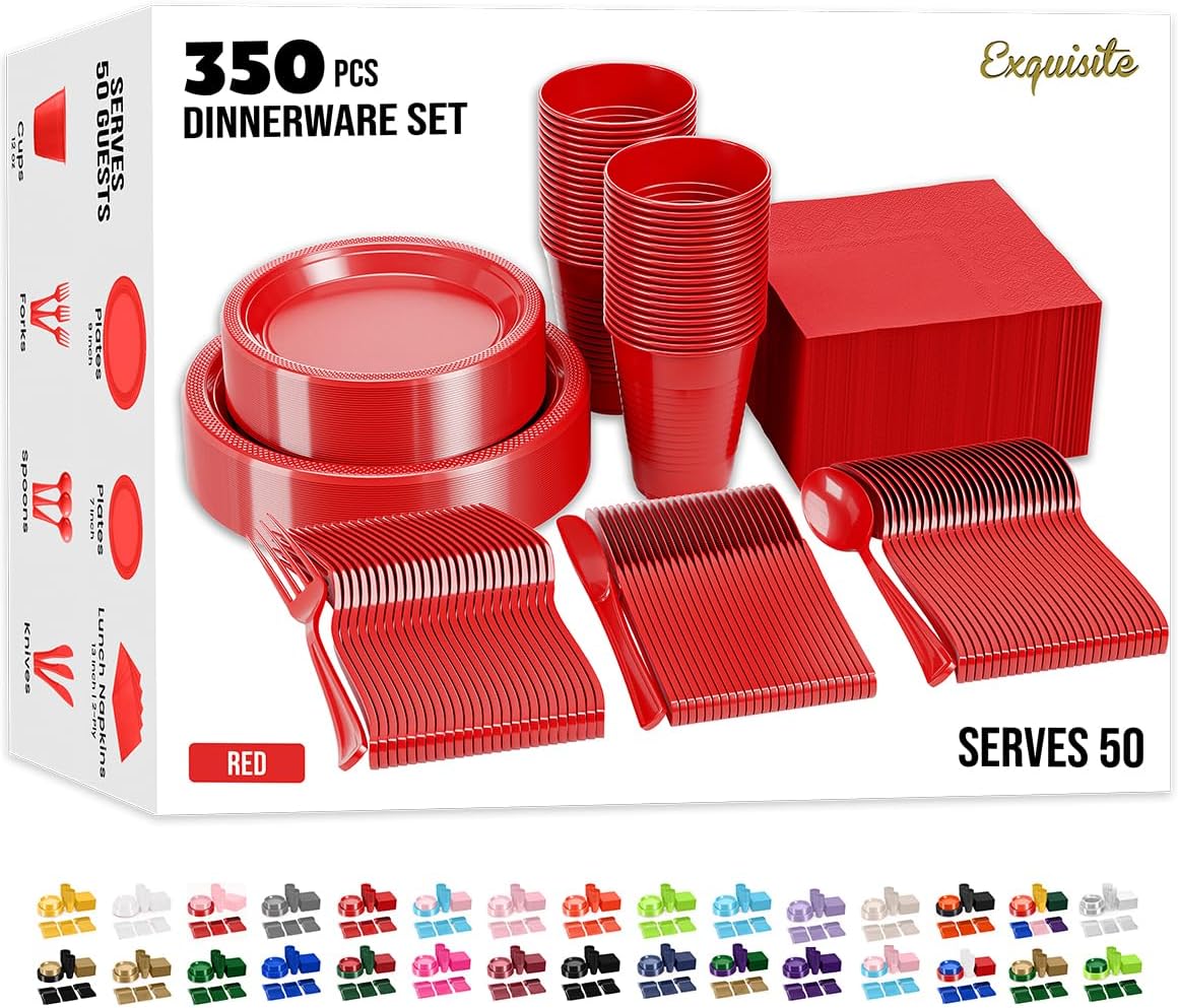 350 Pcs Red Plastic Plates For Party, Red Disposable Plates Set, 50 Of Each 9&#x22; Dinner Plate Set, 7&#x22; Dessert Plate, Cups, Napkins &#x26; Cutlery Plastic Dinnerware Exquisite