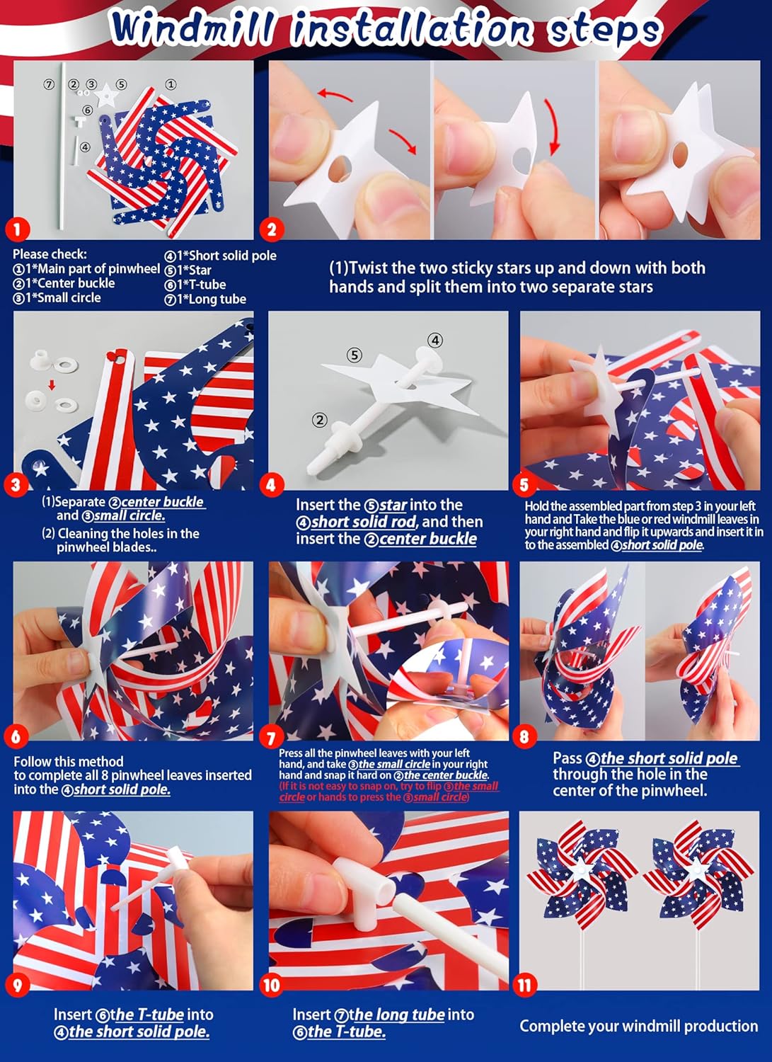 Patriotic Pinwheels 24Pcs 4th of July Pinwheels American Flag Red White and Blue Pinwheels Bulk for Kids 4th of July Decorations