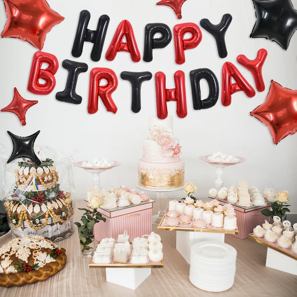 35PCS Black and Red Happy Birthday Decorations 16 Inch Happy Birthday Balloon Banner with Star Balloons Mylar Foil Birthday Party Decorations Supplies for Men Women Adults Girls Boys Kids